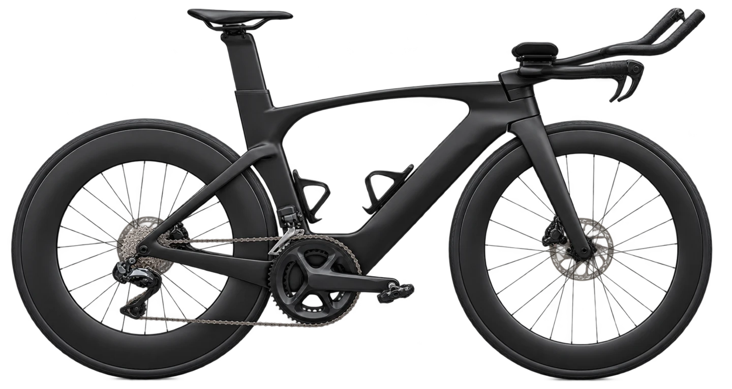 An assembled black triathlon bike with aero bars and deep-section wheels.